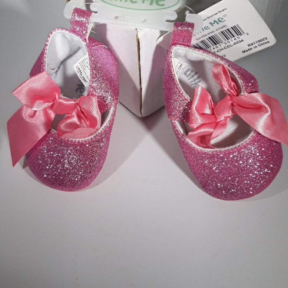 BABY GIRL PINK GLITTER  WITH SILK BOW SHOES